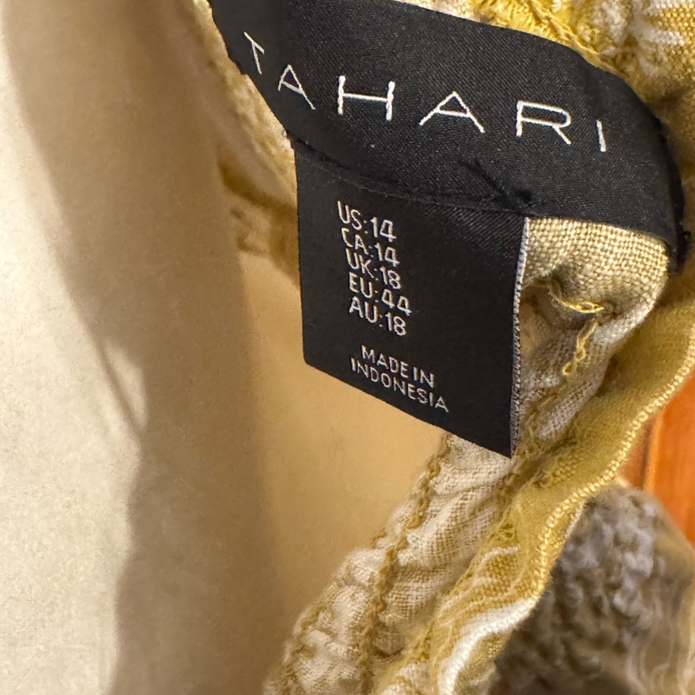 Tahari Midi Tropical Print Yellow Smocked Cotton Linen Casual Sundress - Picture 7 of 7